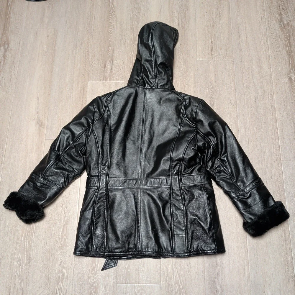 Vintage Wilsons Leather Black Hooded Jacket Faux Fur‎ Lined Belted Womens XL